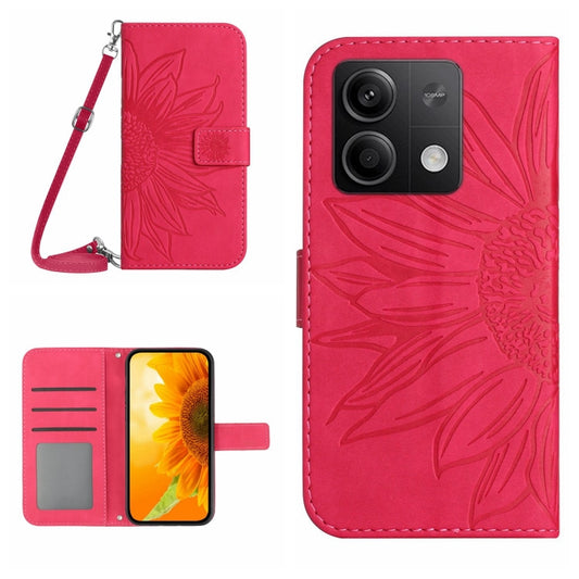 For Xiaomi Redmi Note 13 4G Global Skin Feel Sun Flower Embossed Flip Leather Phone Case with Lanyard(Rose Red) - Note 13 Cases by buy2fix | Online Shopping UK | buy2fix