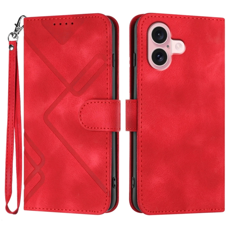 For iPhone 16 Line Pattern Skin Feel Leather Phone Case(Red) - iPhone 16 Cases by buy2fix | Online Shopping UK | buy2fix