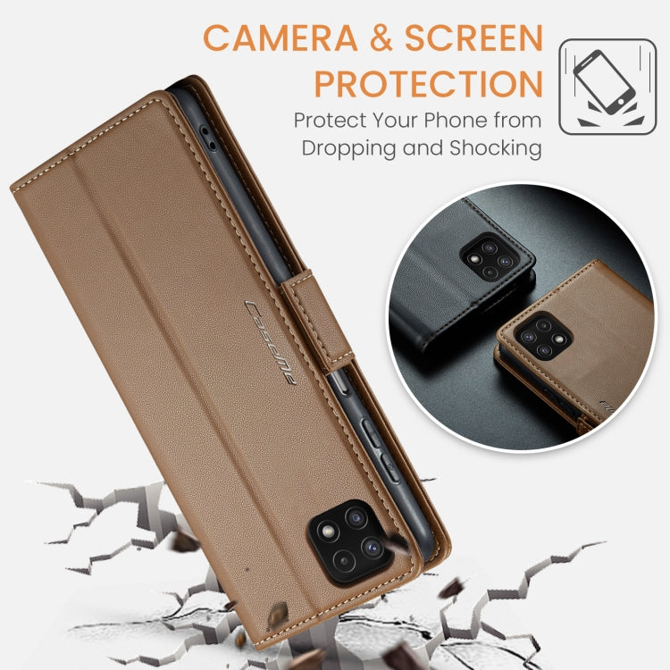 For Samsung Galaxy A22 5G CaseMe 023 Butterfly Buckle Litchi Texture RFID Anti-theft Leather Phone Case(Brown) - Galaxy Phone Cases by CaseMe | Online Shopping UK | buy2fix