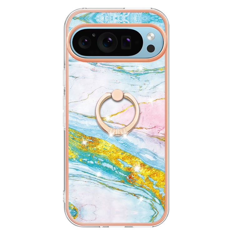 For Google Pixel 9 Pro XL Electroplating Marble IMD TPU Phone Case with Ring Holder(Green 004) - Google Cases by buy2fix | Online Shopping UK | buy2fix