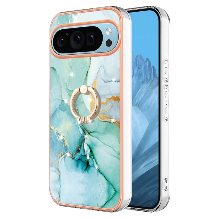 For Google Pixel 9 Pro XL Electroplating Marble IMD TPU Phone Case with Ring Holder(Green 003) - Google Cases by buy2fix | Online Shopping UK | buy2fix