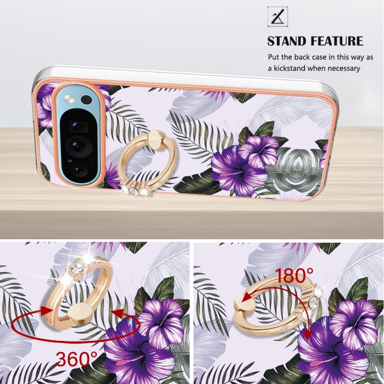 For Google Pixel 9 / 9 Pro Electroplating IMD TPU Phone Case with Ring(Purple Flower) - Google Cases by buy2fix | Online Shopping UK | buy2fix