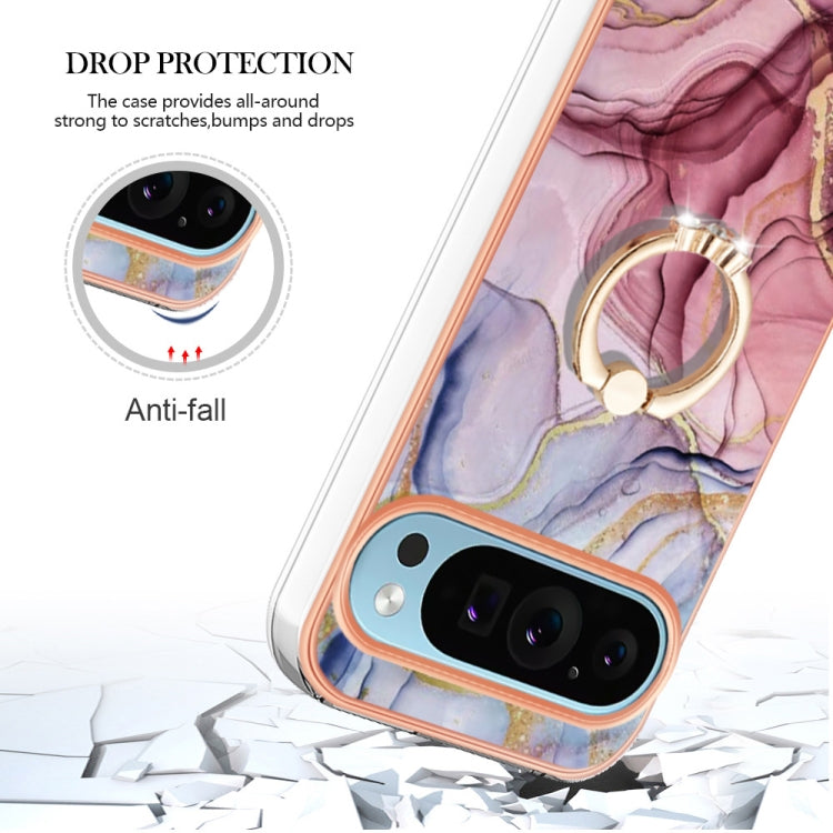 For Google Pixel 9 Pro XL Electroplating Marble Dual-side IMD Phone Case with Ring(Rose Red 014) - Google Cases by buy2fix | Online Shopping UK | buy2fix