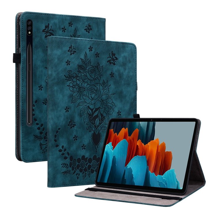 For Samsung Galaxy Tab S9 Butterfly Rose Embossed Leather Tablet Case(Dark Blue) - Galaxy Tab S9 Cases by buy2fix | Online Shopping UK | buy2fix