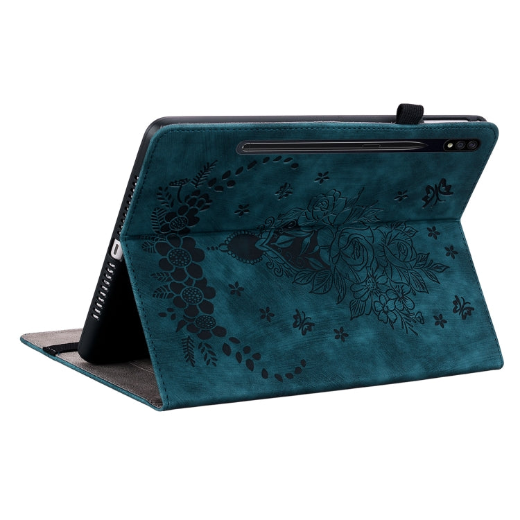 For Samsung Galaxy Tab S9 Butterfly Rose Embossed Leather Tablet Case(Dark Blue) - Galaxy Tab S9 Cases by buy2fix | Online Shopping UK | buy2fix