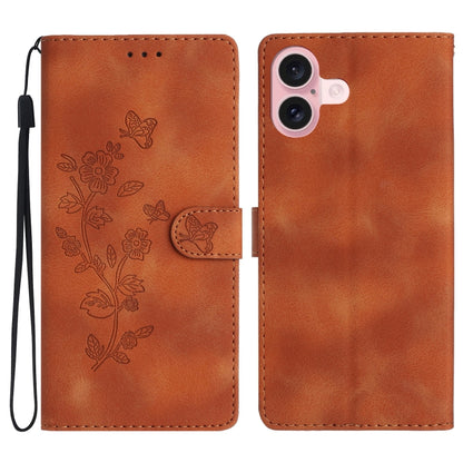 For iPhone 16 Flower Butterfly Embossing Pattern Leather Phone Case(Brown) - iPhone 16 Cases by buy2fix | Online Shopping UK | buy2fix