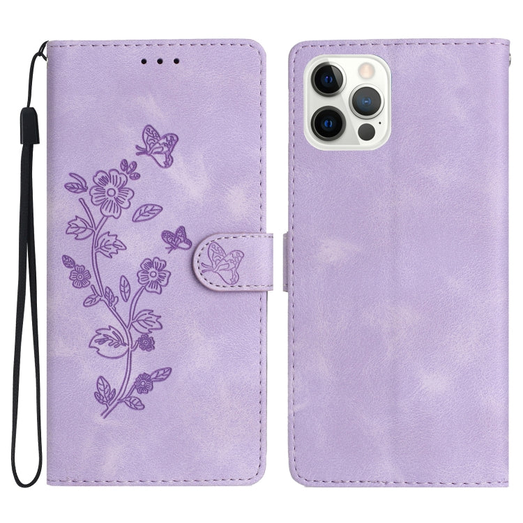 For iPhone 16 Pro Max Flower Butterfly Embossing Pattern Leather Phone Case(Purple) - iPhone 16 Pro Max Cases by buy2fix | Online Shopping UK | buy2fix