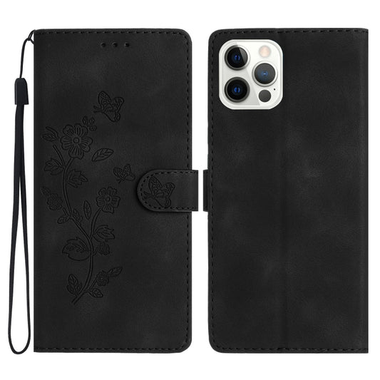 For iPhone 16 Pro Max Flower Butterfly Embossing Pattern Leather Phone Case(Black) - iPhone 16 Pro Max Cases by buy2fix | Online Shopping UK | buy2fix