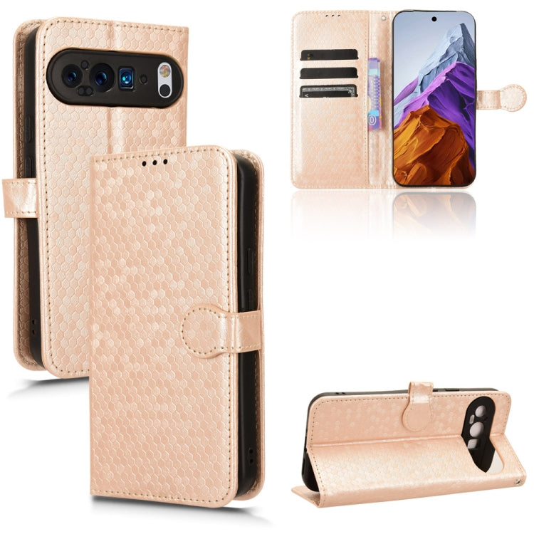 For Google Pixel 9 Honeycomb Dot Texture Leather Phone Case(Gold) - Google Cases by buy2fix | Online Shopping UK | buy2fix