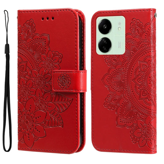 For Xiaomi Redmi 13C 4G 7-petal Flowers Embossing Leather Phone Case(Red) - 13C Cases by buy2fix | Online Shopping UK | buy2fix