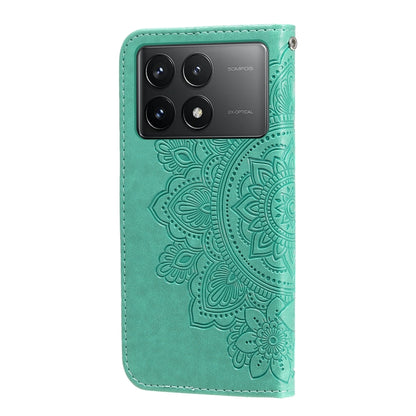 For Xiaomi Redmi K70E 7-petal Flowers Embossing Leather Phone Case(Green) - K70E Cases by buy2fix | Online Shopping UK | buy2fix