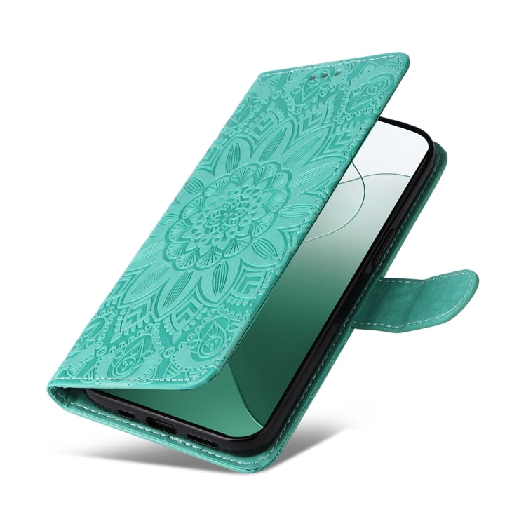 For Xiaomi 14 Embossed Sunflower Leather Phone Case(Green) - 14 Cases by buy2fix | Online Shopping UK | buy2fix