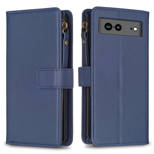 For Google Pixel 7a 9 Card Slots Zipper Wallet Leather Flip Phone Case(Blue) - Google Cases by buy2fix | Online Shopping UK | buy2fix