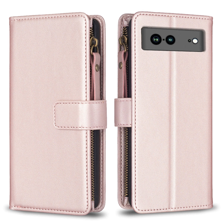 For Google Pixel 7a 9 Card Slots Zipper Wallet Leather Flip Phone Case(Rose Gold) - Google Cases by buy2fix | Online Shopping UK | buy2fix