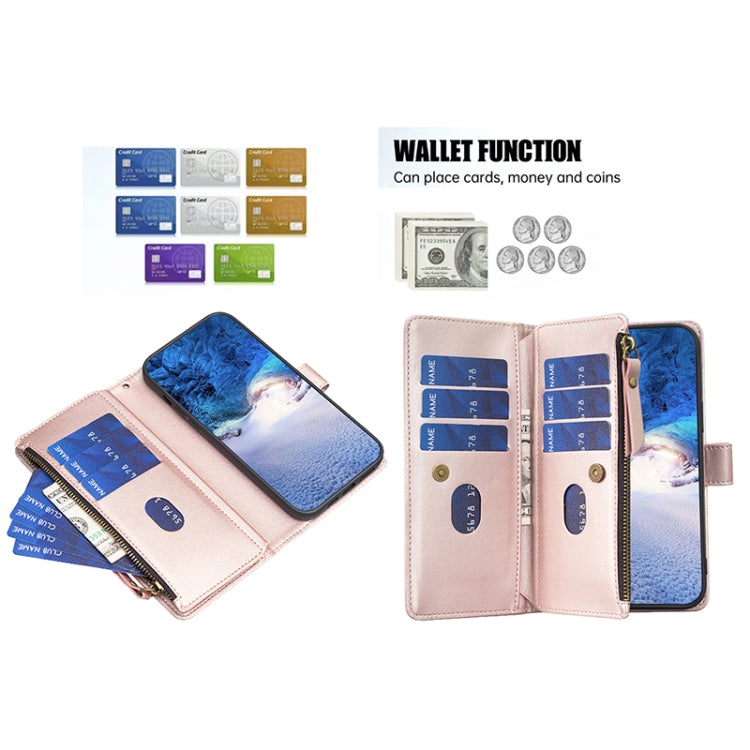 For Google Pixel 7a 9 Card Slots Zipper Wallet Leather Flip Phone Case(Rose Gold) - Google Cases by buy2fix | Online Shopping UK | buy2fix