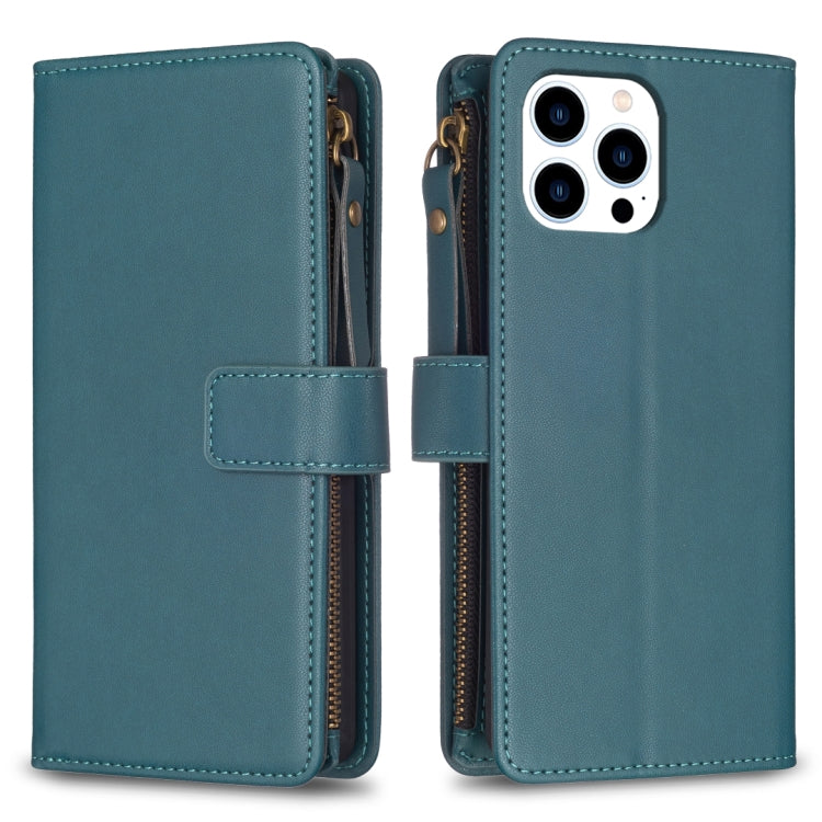 For iPhone 16 Pro 9 Card Slots Zipper Wallet Leather Flip Phone Case(Green) - iPhone 16 Pro Cases by buy2fix | Online Shopping UK | buy2fix