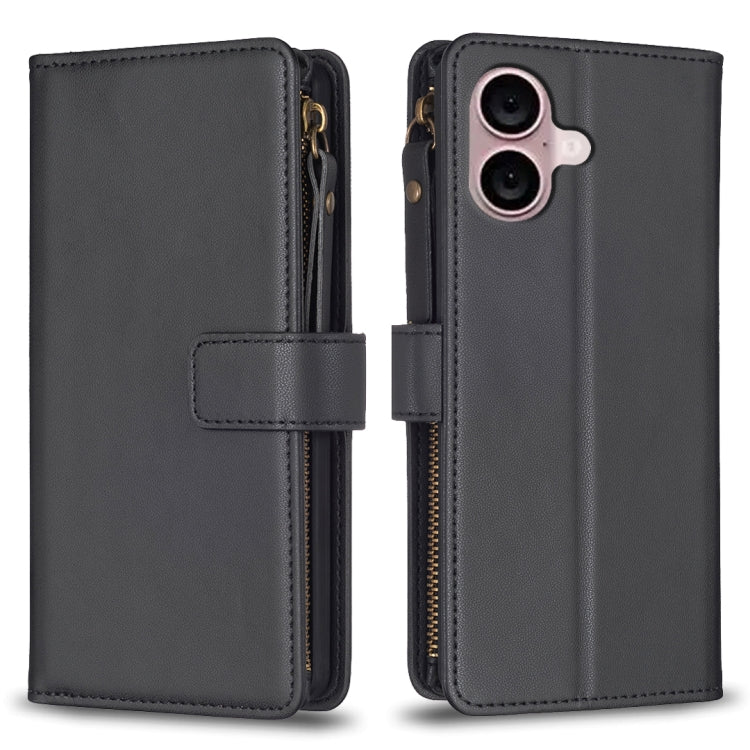 For iPhone 16 Plus 9 Card Slots Zipper Wallet Leather Flip Phone Case(Black) - iPhone 16 Plus Cases by buy2fix | Online Shopping UK | buy2fix