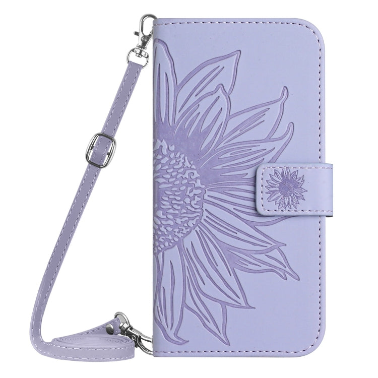 For iPhone 16 Pro Skin Feel Sun Flower Embossed Flip Leather Phone Case with Lanyard(Purple) - iPhone 16 Pro Cases by buy2fix | Online Shopping UK | buy2fix