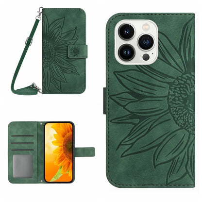 For iPhone 16 Pro Skin Feel Sun Flower Embossed Flip Leather Phone Case with Lanyard(Green) - iPhone 16 Pro Cases by buy2fix | Online Shopping UK | buy2fix