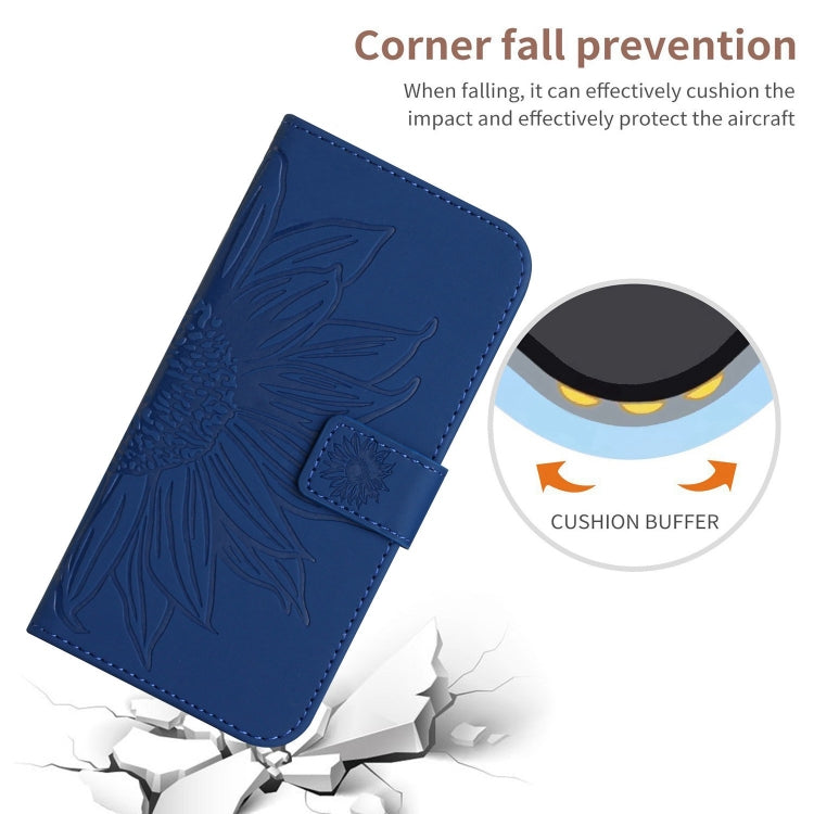 For iPhone 16 Plus Skin Feel Sun Flower Embossed Flip Leather Phone Case with Lanyard(Dark Blue) - iPhone 16 Plus Cases by buy2fix | Online Shopping UK | buy2fix