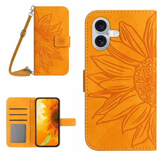 For iPhone 16 Plus Skin Feel Sun Flower Embossed Flip Leather Phone Case with Lanyard(Yellow) - iPhone 16 Plus Cases by buy2fix | Online Shopping UK | buy2fix