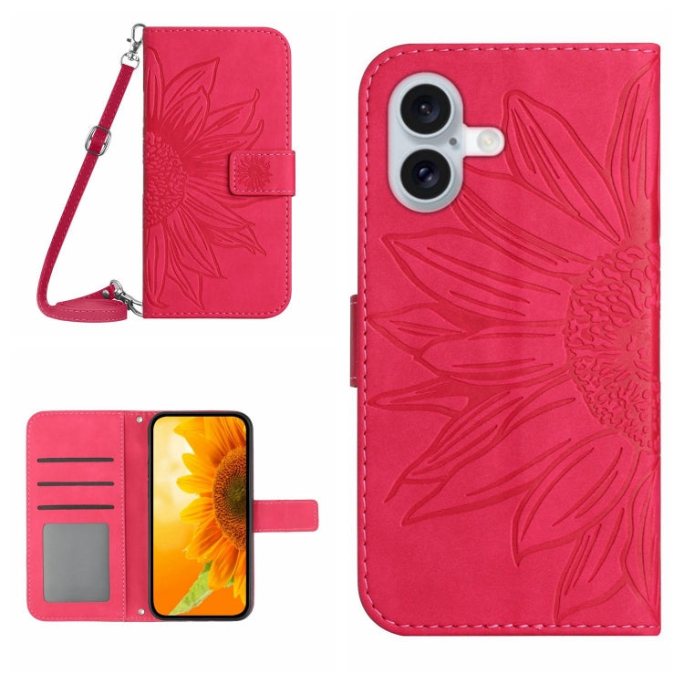 For iPhone 16 Plus Skin Feel Sun Flower Embossed Flip Leather Phone Case with Lanyard(Rose Red) - iPhone 16 Plus Cases by buy2fix | Online Shopping UK | buy2fix