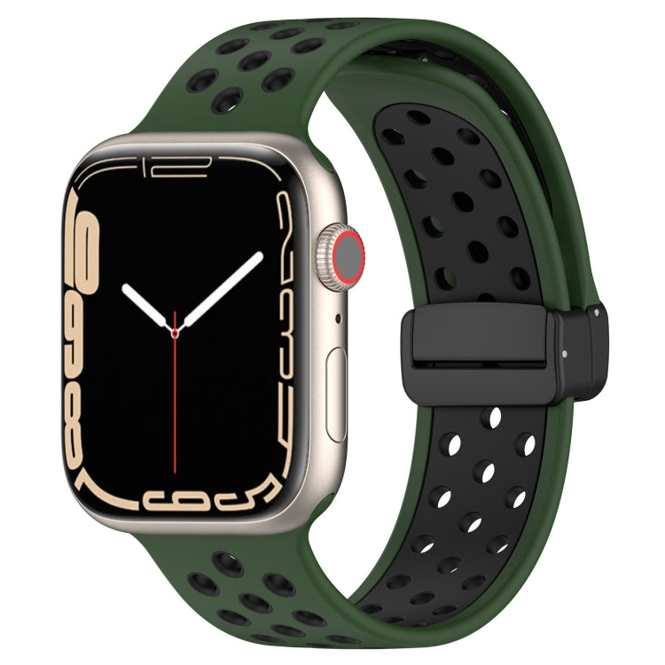 For Apple Watch SE 2022 44mm Magnetic Buckle Silicone Watch Band(Army Green Black) - Watch Bands by buy2fix | Online Shopping UK | buy2fix