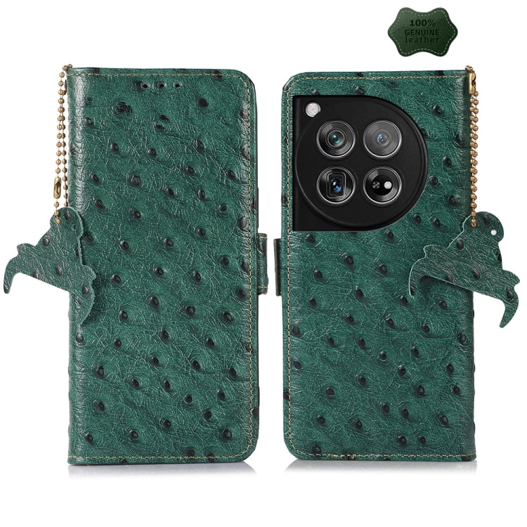 For OnePlus 12 Ostrich Pattern Genuine Leather RFID Phone Case(Green) - OnePlus Cases by buy2fix | Online Shopping UK | buy2fix