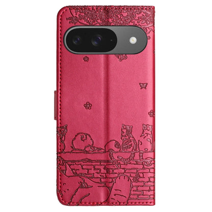 For Google Pixel 9 / 9 Pro Cat Embossing Pattern Leather Phone Case with Lanyard(Red) - Google Cases by buy2fix | Online Shopping UK | buy2fix