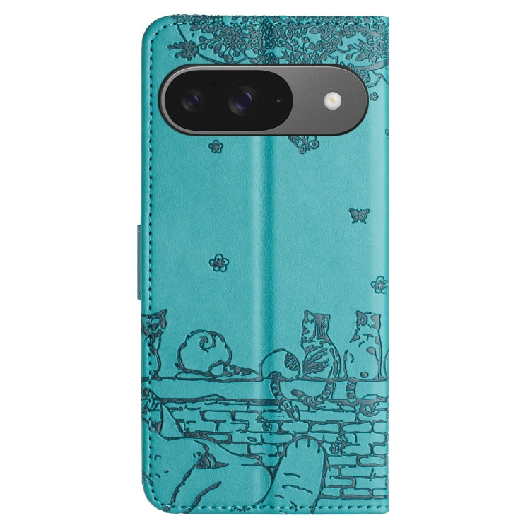 For Google Pixel 9 / 9 Pro Cat Embossing Pattern Leather Phone Case with Lanyard(Blue) - Google Cases by buy2fix | Online Shopping UK | buy2fix