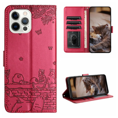 For iPhone 16 Pro Max Cat Embossing Pattern Leather Phone Case with Lanyard(Red) - iPhone 16 Pro Max Cases by buy2fix | Online Shopping UK | buy2fix