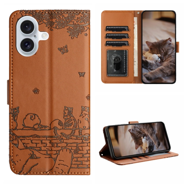 For iPhone 16 Cat Embossing Pattern Leather Phone Case with Lanyard(Brown) - iPhone 16 Cases by buy2fix | Online Shopping UK | buy2fix