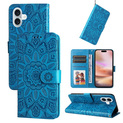 For iPhone 16 Plus Embossed Sunflower Leather Phone Case(Blue) - iPhone 16 Plus Cases by buy2fix | Online Shopping UK | buy2fix