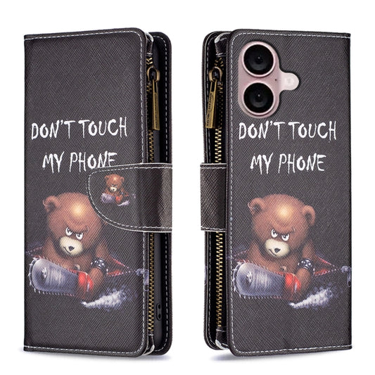 For iPhone 16 Plus Colored Drawing Pattern Zipper Phone Leather Case(Bear) - iPhone 16 Plus Cases by buy2fix | Online Shopping UK | buy2fix