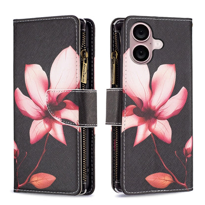 For iPhone 16 Plus Colored Drawing Pattern Zipper Phone Leather Case(Lotus) - iPhone 16 Plus Cases by buy2fix | Online Shopping UK | buy2fix