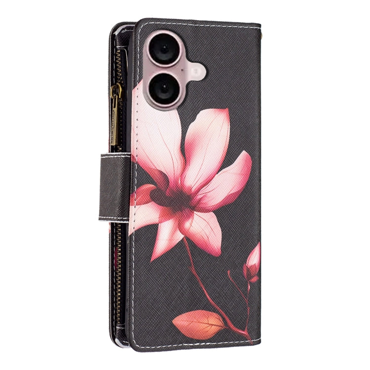 For iPhone 16 Plus Colored Drawing Pattern Zipper Phone Leather Case(Lotus) - iPhone 16 Plus Cases by buy2fix | Online Shopping UK | buy2fix