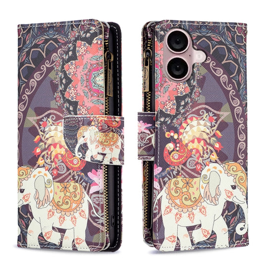 For iPhone 16 Plus Colored Drawing Pattern Zipper Phone Leather Case(Flower Elephant) - iPhone 16 Plus Cases by buy2fix | Online Shopping UK | buy2fix