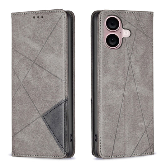 For iPhone 16 Plus Rhombus Texture Magnetic Leather Phone Case(Grey) - iPhone 16 Plus Cases by buy2fix | Online Shopping UK | buy2fix