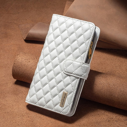 For iPhone 16 Diamond Lattice Zipper Wallet Leather Flip Phone Case(White) - iPhone 16 Cases by buy2fix | Online Shopping UK | buy2fix