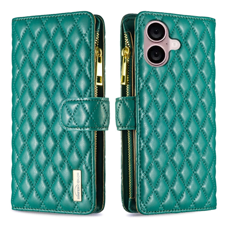 For iPhone 16 Diamond Lattice Zipper Wallet Leather Flip Phone Case(Green) - iPhone 16 Cases by buy2fix | Online Shopping UK | buy2fix