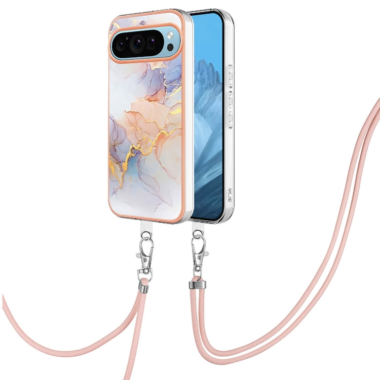 For Google Pixel 9 Pro XL Electroplating IMD TPU Phone Case with Lanyard(White Marble) - Google Cases by buy2fix | Online Shopping UK | buy2fix