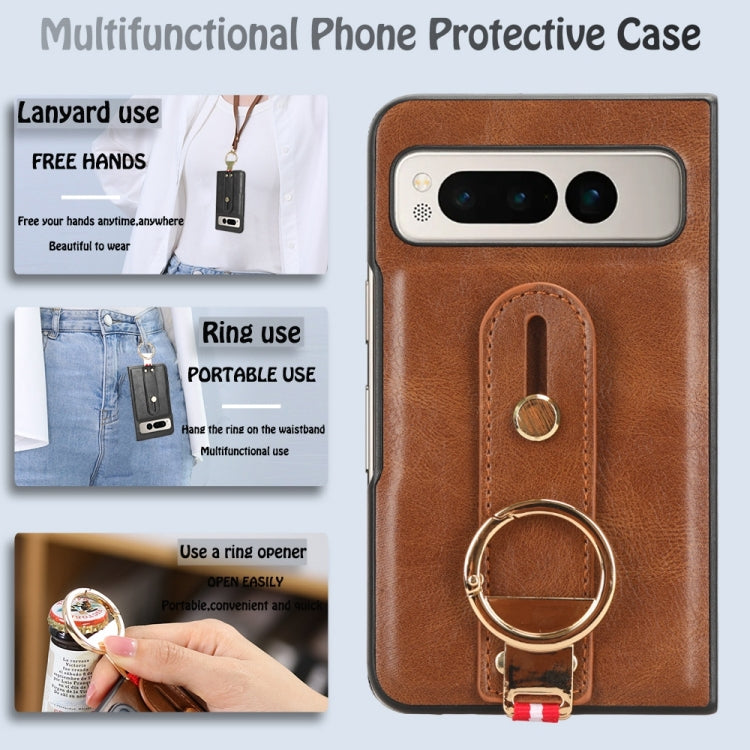 For Google Pixel Fold Wristband Leather Back Phone Case(Brown) - Google Cases by buy2fix | Online Shopping UK | buy2fix