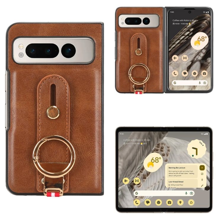 For Google Pixel Fold Wristband Leather Back Phone Case(Brown) - Google Cases by buy2fix | Online Shopping UK | buy2fix