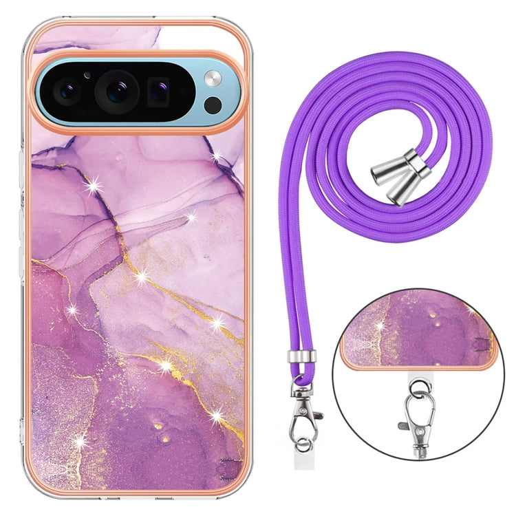 For Google Pixel 9 Pro XL Electroplating Marble Dual-side IMD Phone Case with Lanyard(Purple 001) - Google Cases by buy2fix | Online Shopping UK | buy2fix