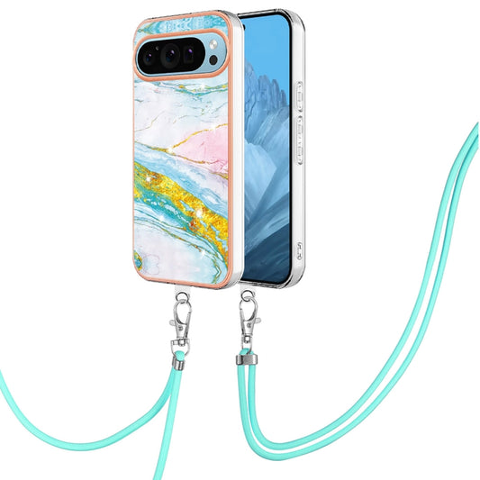 For Google Pixel 9 Pro XL Electroplating Marble Dual-side IMD Phone Case with Lanyard(Green 004) - Google Cases by buy2fix | Online Shopping UK | buy2fix