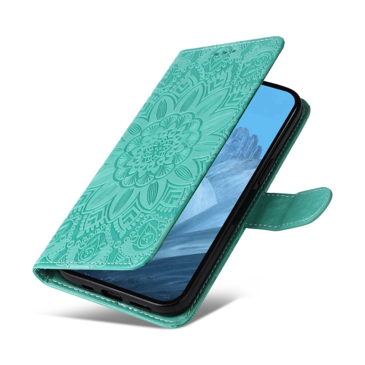 For Google Pixel 9 Embossed Sunflower Leather Phone Case(Green) - Google Cases by buy2fix | Online Shopping UK | buy2fix