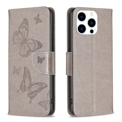 For iPhone 16 Pro Max Embossing Two Butterflies Pattern Leather Phone Case(Grey) - iPhone 16 Pro Max Cases by buy2fix | Online Shopping UK | buy2fix