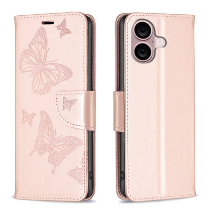 For iPhone 16 Plus Embossing Two Butterflies Pattern Leather Phone Case(Rose Gold) - iPhone 16 Plus Cases by buy2fix | Online Shopping UK | buy2fix