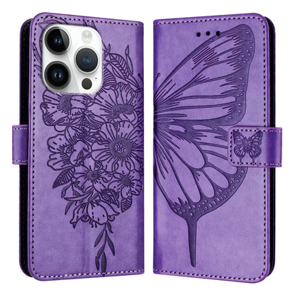 For iPhone 16 Pro Embossed Butterfly Leather Phone Case(Light Purple) - iPhone 16 Pro Cases by buy2fix | Online Shopping UK | buy2fix