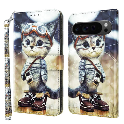 For Google Pixel 9 Pro XL 3D Painted Pattern Leather Phone Case(Naughty Cat) - Google Cases by buy2fix | Online Shopping UK | buy2fix